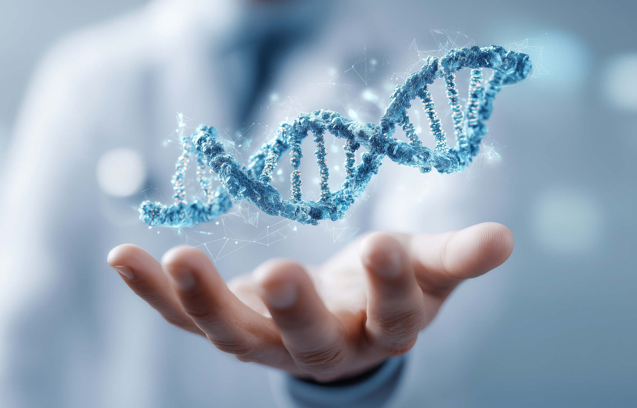 Wizualizacja helisy DNA unoszącej się nad dłonią lekarza.