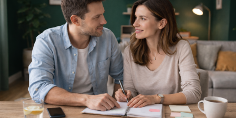 Polska para około 35. roku życia siedzi przy stole w domu z butelkowozieloną ścianą w tle i wspólnie planuje ciążę, rozmawiając i robiąc notatki w kalendarzu.