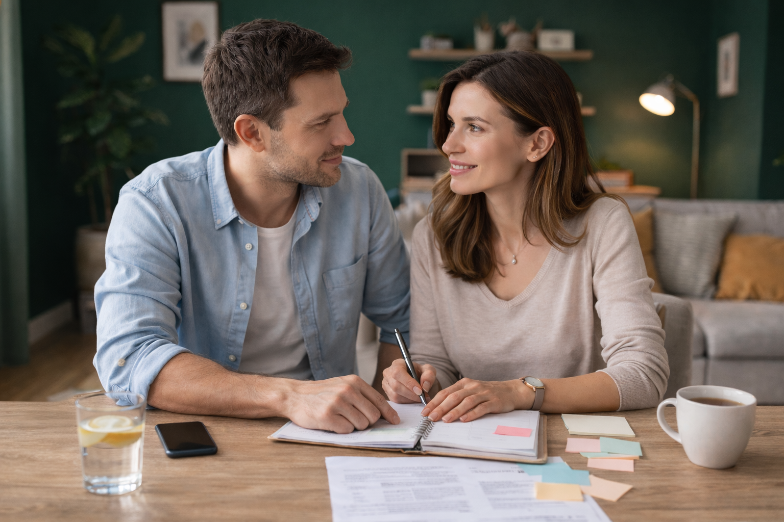 Polska para około 35. roku życia siedzi przy stole w domu z butelkowozieloną ścianą w tle i wspólnie planuje ciążę, rozmawiając i robiąc notatki w kalendarzu.