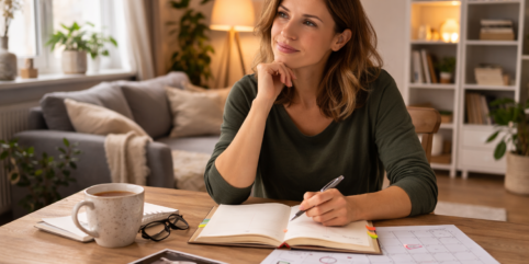 Kobieta około 35 lat planuje wizytę lekarską przed ciążą, siedząc przy biurku w domu i robiąc notatki w kalendarzu.