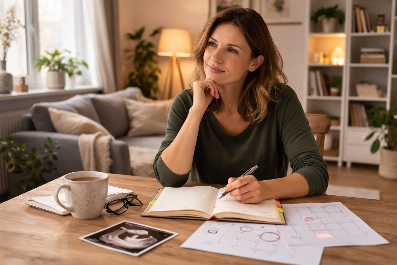 Kobieta około 35 lat planuje wizytę lekarską przed ciążą, siedząc przy biurku w domu i robiąc notatki w kalendarzu.