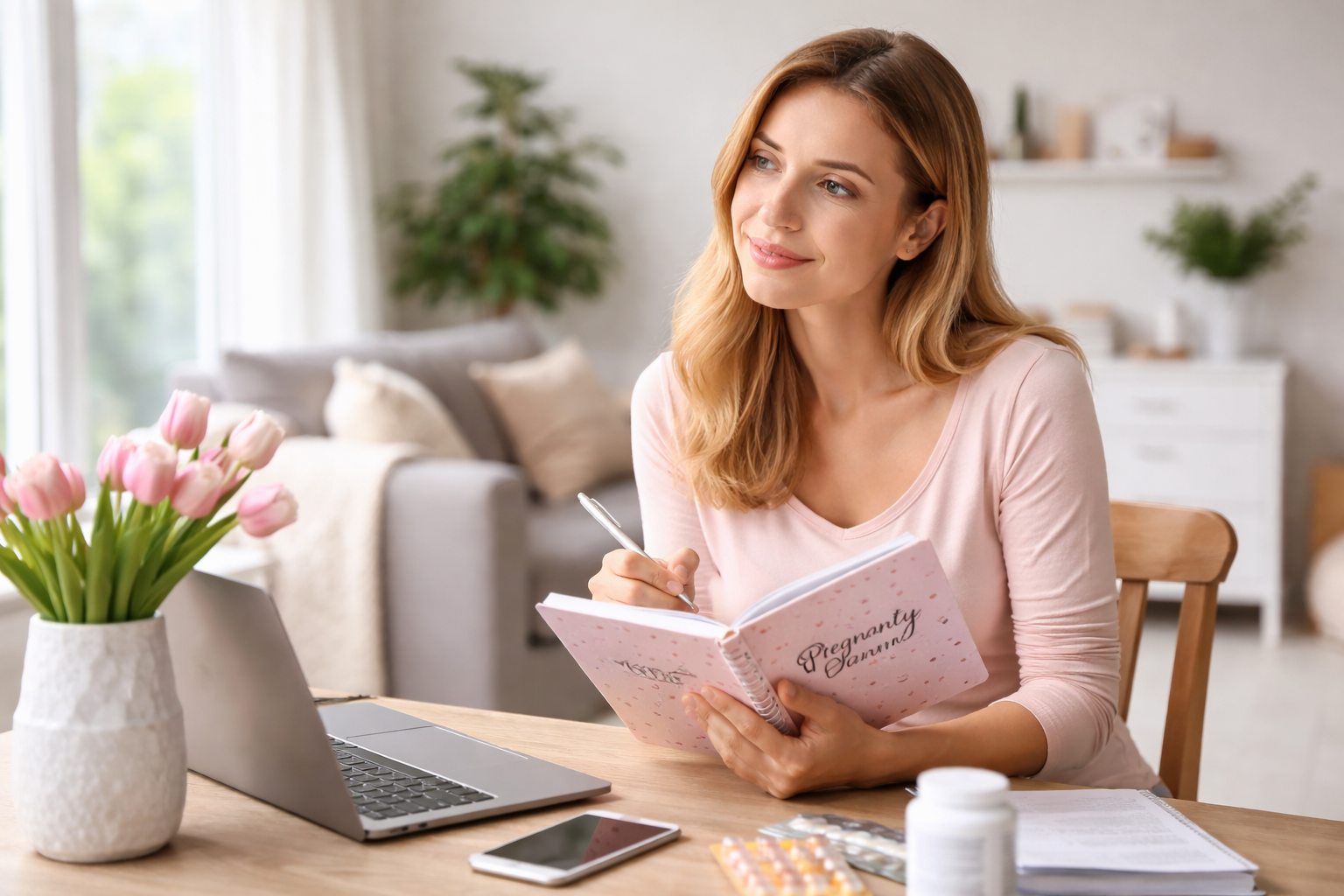 Kobieta siedząca przy stole w domu zapisuje notatki w planerze dotyczącym planowania ciąży, obok laptopa i dokumentów – grafika ilustrująca temat wizyty u lekarza przed ciążą i przygotowania do badań.