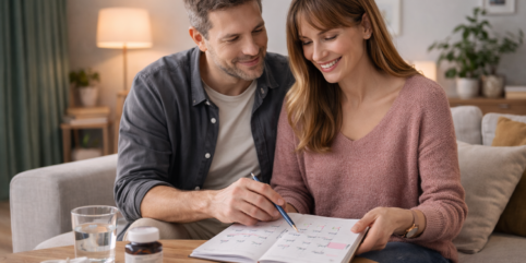 Polska para około 35. roku życia siedzi w salonie na jasnej sofie i wspólnie planuje ciążę, przeglądając kalendarz i robiąc notatki przy stoliku kawowym.