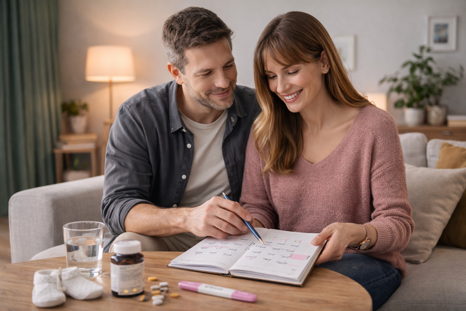 Polska para około 35. roku życia siedzi w salonie na jasnej sofie i wspólnie planuje ciążę, przeglądając kalendarz i robiąc notatki przy stoliku kawowym.